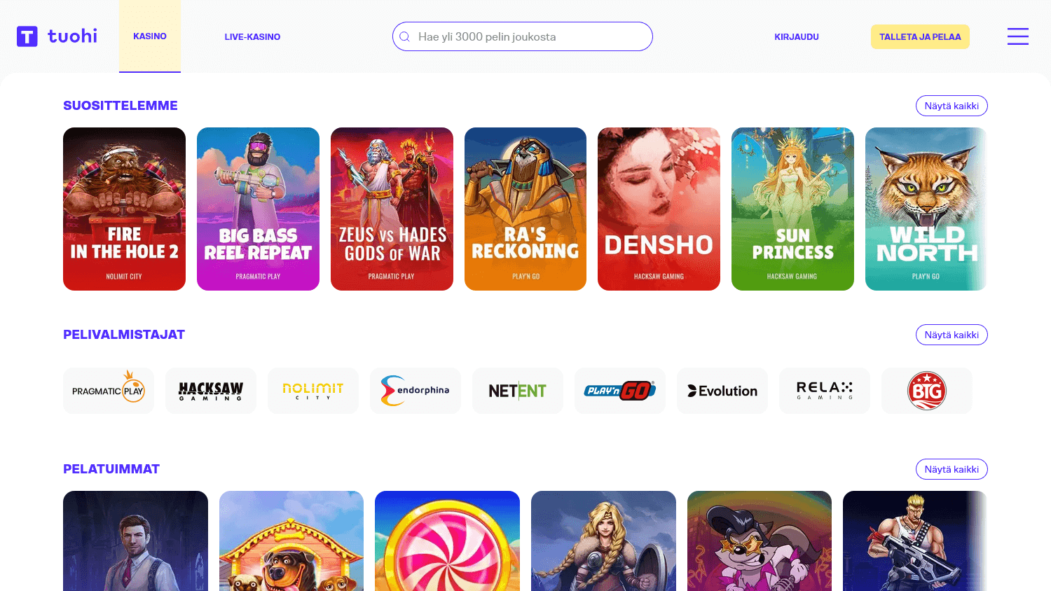 Tuohi Casino -käyttöliittymän yleiskuva, jossa näkyvät pelivalikko ja selkeä navigaatio